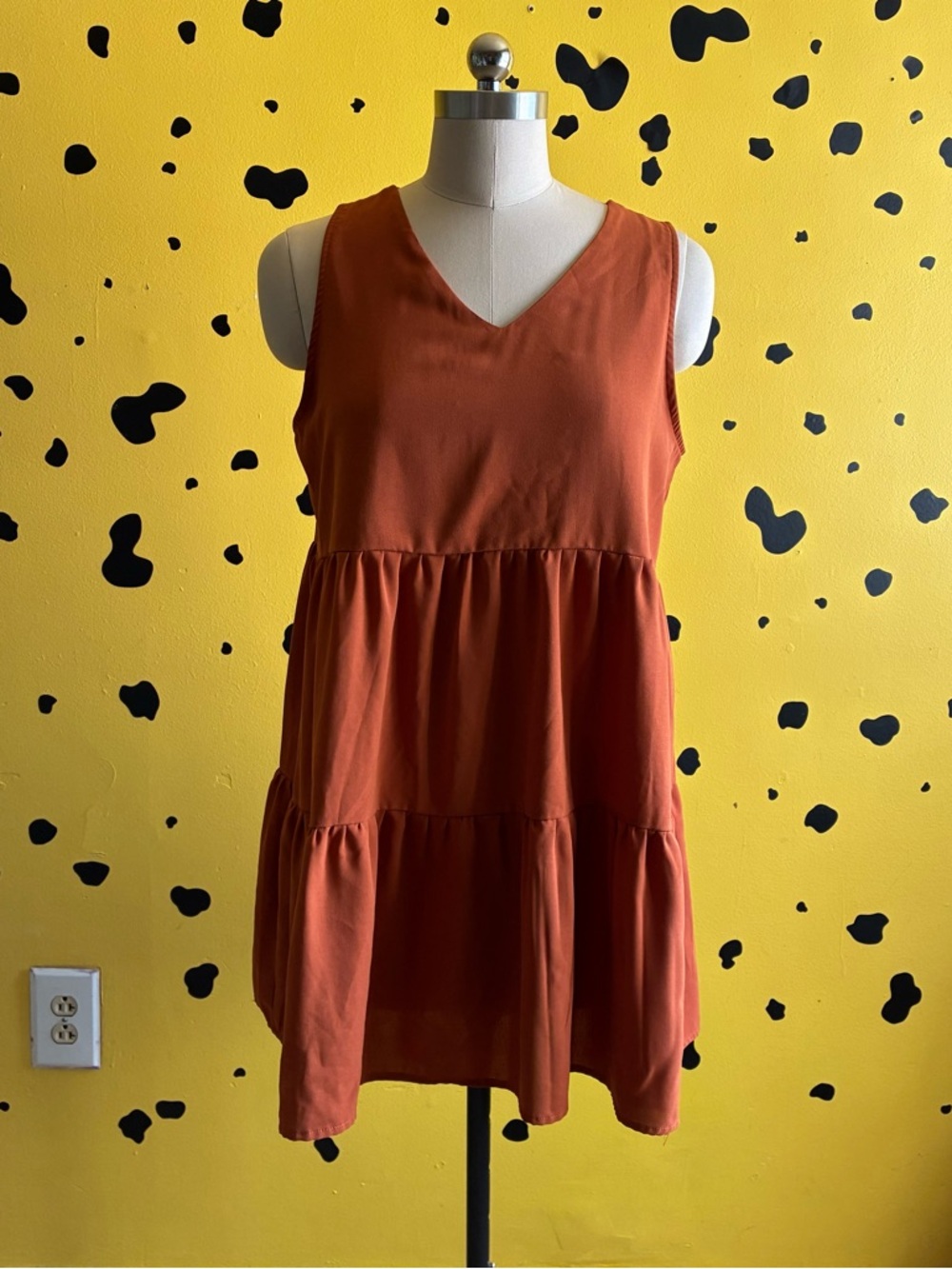 Orange Tiered Tank Dress Sleeveless Babydoll Flowy Casual Size L Cottagecore
